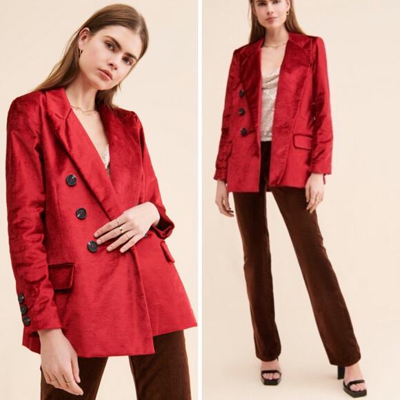 NEW FREE PEOPLE JACKET OVERSIZED BLAZER RED VELVET DOUBLE BREASTED ASHBY PREPPY - Picture 1 of 16